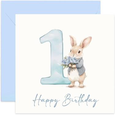 Imagem de Cartão comemorativo de 1º aniversário para menino - Coelho coelho azul com aquarela 1 design - Cartões de aniversário de filho bebê - Para neto, afilhado, sobrinho, irmão - Presentes de lembrança para