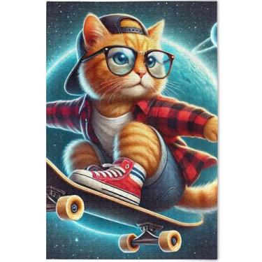 Imagem de Quebra-cabeça de gato fofo para skate, gatinho, 500 peças para decoração de pintura de animais adultos, quebra-cabeças de cena de inverno, presentes personalizados de jogos tecnológicos, 52 x 37,8 cm