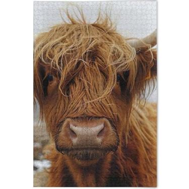 Imagem de Quebra-cabeça de vaca Highland fofo para adultos 500 peças presentes de festa de elefante branco personalizado natureza grande quebra-cabeça animal arte floral, 52 cm x 37,8 cm