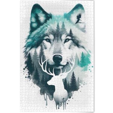 Imagem de Quebra-cabeça personalizado em aquarela lobo veado 1000 peças adultos amigos família jogo presentes arte prima pintura animal, 75 cm x 50 cm