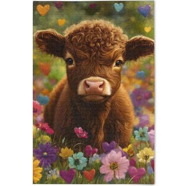 Imagem de Quebra-cabeça floral personalizado de vaca Highland Bezerro floral 500 peças para adultos pintura de arte animal quebra-cabeças divertidos para adultos amantes de elefantes brancos, presentes, 52 cm x