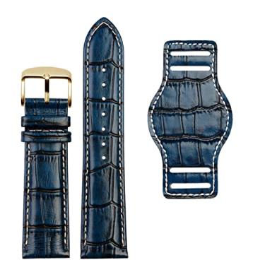 Imagem de BDNJN Pulseira masculina de couro genuíno de 20 mm e 22 mm com tapete, pulseira de couro artesanal (pino dourado azul, 22 mm)