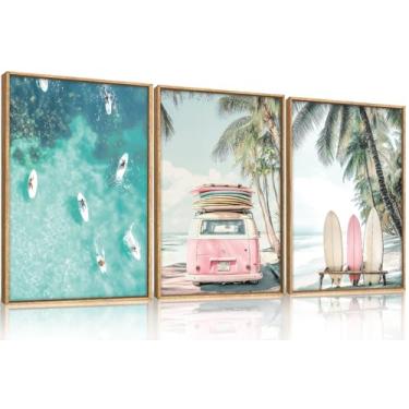 Imagem de HOURIA Conjunto de arte de parede em tela emoldurada de praia para prancha de surfe, decoração de parede de paisagem marítima de surfe oceano, ônibus costeiro, pintura de parede botânica da natureza