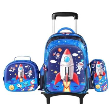Imagem de Mochila escolar de rodinhas com LED, kit 3 peças com mochila. lancheira forrada e estojo, para meninos e meninas de 6 a 12 anos (Foguete)