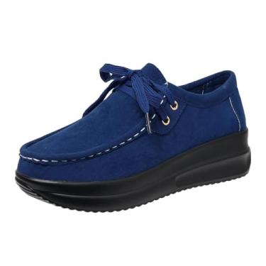 Imagem de Sapato feminino fashion casual primavera e mocassins cor sólida bico redondo cadarço slip-on sola grossa salto plataforma sapatos, Azul royal, 36