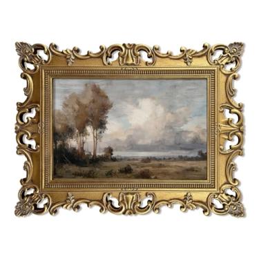Imagem de XIAOAIKA Arte de parede de paisagem tranquila acabada à mão, cena vintage de floresta e campo com moldura de madeira dourada envelhecida, estilo clássico de pintura a óleo para sala de estar ou estudo