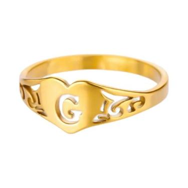 Imagem de Anel De Coração Oco Em Aço Inoxidável Dourado Para Mulheres, Inicial A