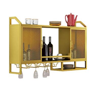 Imagem de Suporte para copos de vinho para pendurar em casa com suporte de vidro | Suporte de parede para garrafa de vinho | Prateleira de metal para vinho