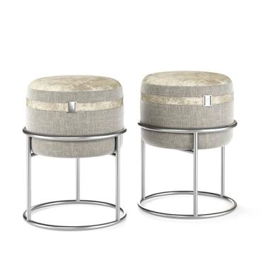 Imagem de kit Puff DALLAS redondo linho e couro sintético base metal decoração sofisticada (CINZA)