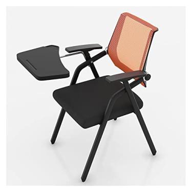 Imagem de SGeneE Cadeira dobrável ergonômica com quadro de escrita, cadeira de aço compacta e portátil com mesa lateral para adultos, escritório e estudantes - Encosto respirável, cor laranja vibrante