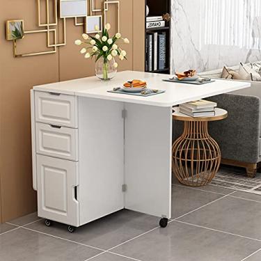 Imagem de ZXLPHA Mesa de jantar dobrável extensível, mesa de cozinha com borda redonda, mesa de cozinha móvel multifuncional, armazenamento com gaveta, para sala de jantar doméstica, branca