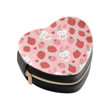 Imagem de Burbuja Caixa de joias de coelho em forma de coração de morango mini estojo de joias de viagem para mulheres e meninas, estojo portátil organizador de armazenamento para brincos, anéis, colares e