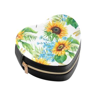 Imagem de Burbuja Caixa de joias em forma de coração de girassóis mini estojo de joias de viagem para mulheres e meninas, estojo portátil organizador de armazenamento para brincos, anéis, colares e pulseiras