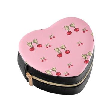 Imagem de Burbuja Mini caixa de joias em forma de coração com cerejas amarradas com laços para mulheres e meninas, estojo portátil organizador de armazenamento para brincos, anéis, colares e pulseiras