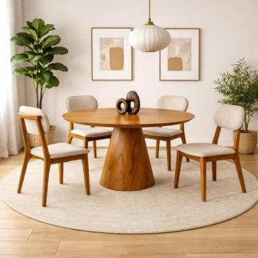 Imagem de Conjunto Sala de Jantar Marrocos Mesa Redonda 1,2m e 4 Cadeiras Madeir