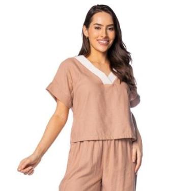 Imagem de Blusa Cropped Feminina Giraffe Gola V Contrastante Marrom-Feminino