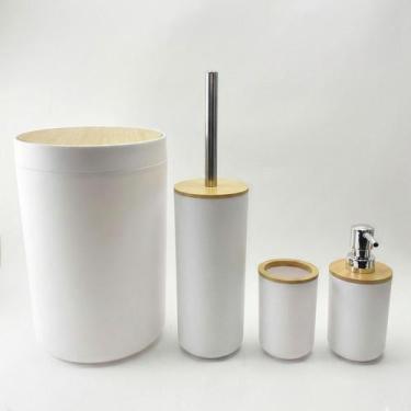 Imagem de Conjunto Banheiro 4 Peças Bambu Completo Com Tampa Lixeira Porta Escov
