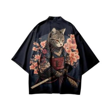 Imagem de Kimono Haori Unissex Japonês Sakura Cat Samurai Cardigan Solto De Mang