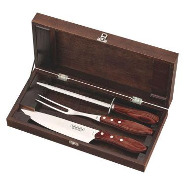 Imagem de Kit para Churrasco Tramontina em Aço Inox Cabo Vermelho Polywood com Estojo de Madeira 4 Peças Tramontina