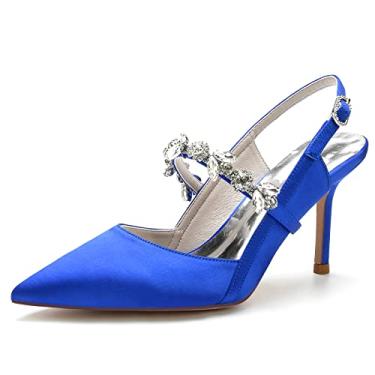 Imagem de Sapato feminino bico fino de casamento com strass Mary Jane salto para festa formatura cetim Slingback, Azul (blue), 6.5