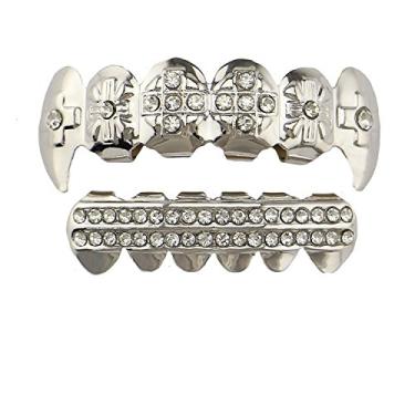 Imagem de The Bling Factory Conjunto Grillz com dentes superiores e inferiores banhados a ouro branco 14K com zircônia cúbica de vampiro removível, Metal, Zircônia cúbica