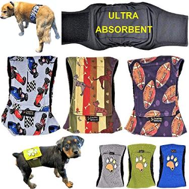 Imagem de FunnyDogClothes Pacote com 3 ou 6 fraldas masculinas para cães – Camadas de almofadas absorventes à prova d'água à prova de vazamento para umbigo, lavávelFunnyDogClothes XL: Waist 20" - 26"