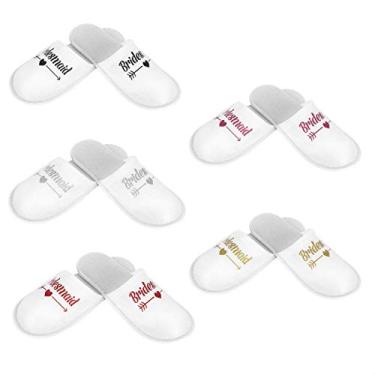 Imagem de Chinelos de noiva e chinelos de dama de honra, conjunto com 5, pele sintética de coelho para ambientes internos e externos, quente, confortável, respirável, sapatos de casamento para noiva/noivas, acessórios para fotografia de casamento