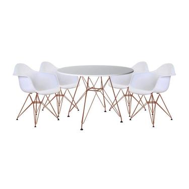 Imagem de Mesa de Jantar Redonda Eames Eiffel 90cm Branca com 4 Poltronas Brancas Ferro Cobre