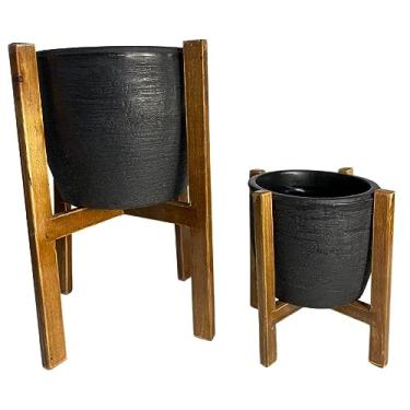 Imagem de Conjunto de Vaso de Planta com Suporte de Madeira Decorativo (Conjunto, Preto)