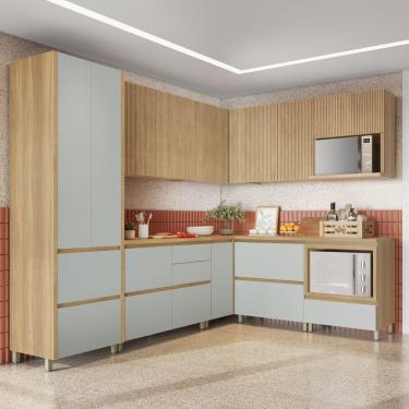 Imagem de Cozinha 9 Peças Canto Direita e Esquerda 12 Portas 8 Gavetas Ripado Rainha 100% MDF Marrom/Verde