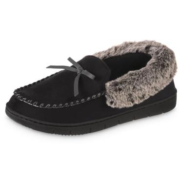 Imagem de isotoner Pantufas femininas mocassim de microcamurça antiderrapantes, para uso interno/externo, espuma viscoelástica, lavável na máquina, Preto, 6.5-7