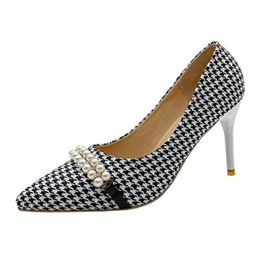 Imagem de Sapatos femininos moda mil pássaros xadrez sapatos únicos corrente pérola salto fino alto sapatos casuais para mulheres, Preto, 7