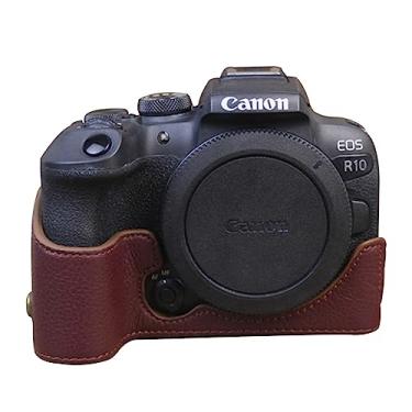 Imagem de Bitubol Meia capa R10 com alça de pulso, capa de câmera de couro marrom avermelhado estilo retrô com placa de base de alumínio, para capa de câmera Canon R10