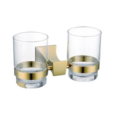 Imagem de Copo porta copo duplo dourado e amp; Suportes de tumbler preto cromo escova de dentes parafuso fixado na parede acessórios do banheiro, ouro