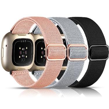 Imagem de Maledan Pacote com 3 pulseiras elásticas compatíveis com Fitbit Sense/Fitbit Versa 3/Versa 4/Sense 2 masculinas, pulseira esportiva de nylon elástico ajustável para Fitbit Sense/Versa 3 acessórios