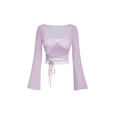 Imagem de SweatyRocks Camisetas femininas com gola V de malha transparente, manga comprida, acabamento em alface, Roxo malva, G