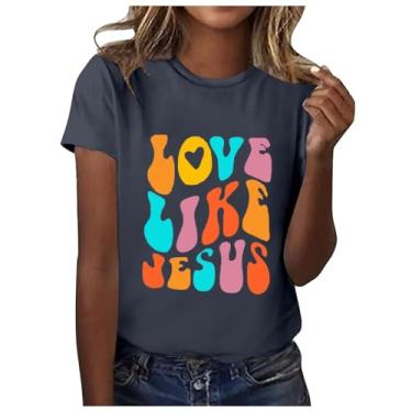 Imagem de Camisetas femininas de verão 2024 Love Like Jesus Faith Graphic Camiseta casual inspiradora de manga curta, Ofertas flash cinza, GG