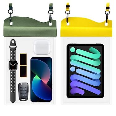 Imagem de YUMQUA Bolsa grande à prova de água, pacote com 2 [até 11,3 polegadas], capa impermeável IPX8 para celular, bolsa seca, compatível com iPhone 14 13 12 Pro Max, Galaxy S23 Ultra S22 ou iPad Mini, verde militar + amarelo