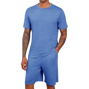 Imagem de Runcati Conjunto de pijama masculino de manga curta, 2 peças, conjunto de pijama de verão, Azul, XX-Large