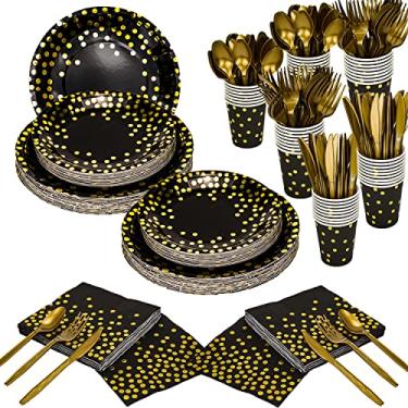 Imagem de Conjunto de louça de festa descartável de ouro 350 peças e louça de festa descartável com bolinhas douradas - pratos de papel pretos guardanapos copos, garfos de plástico dourado, facas colheres