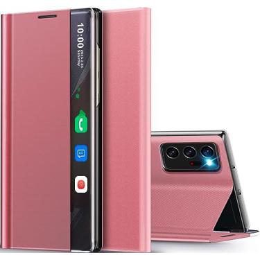 Imagem de Qissy Capa para Samsung Galaxy Note 20 Ultra 5G com janela inteligente transparente de couro para Samsung Note 20 Ultra, espelhada, rígida, suporte para PC, flip, à prova de choque, capa para Galaxy Note 20 Ultra (rosa)