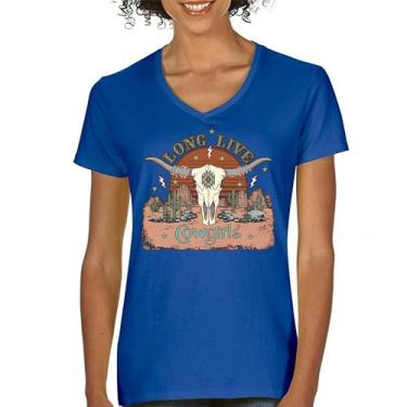 Imagem de Camiseta feminina Long Live Cowgirl gola V Vintage Country Girl Western Rodeo Ranch Blessed and Lucky American Southwest, Azul, M