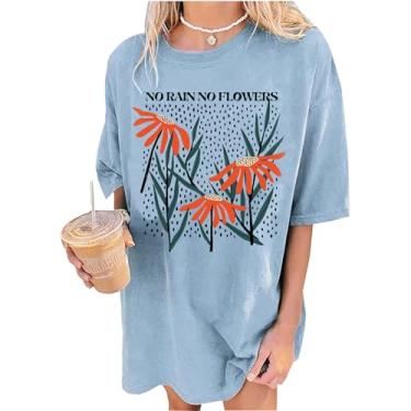 Imagem de Camiseta feminina floral de grandes dimensões com estampa inspiradora flores e plantas, Azul-claro - C, M