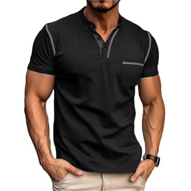 Imagem de CHUUMEE Camiseta masculina Henley manga curta casual leve slim fit botão básico com bolso, Preto, G