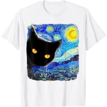 Imagem de Camiseta unissex com estampa de gato Starry Night Cat, Van Gogh Cat Art Lover, Cat Mom Dad, Branco, 3G