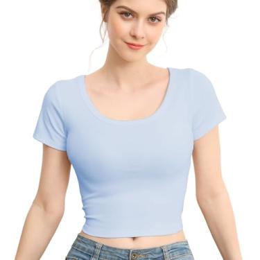 Imagem de Gemgru Camisetas cropped de algodão femininas de manga curta justas com gola redonda justa, Azul bebê, P