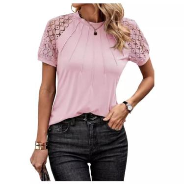Imagem de AiZicheng Camisetas femininas modernas de gola redonda sexy patchwork renda manga curta blusas casuais de malha, rosa, M