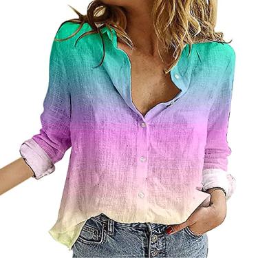 Imagem de Camisas femininas de linho de algodão com botões casuais, plissadas, manga comprida, blusas coloridas e soltas para trabalho, rosa, M