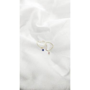 Imagem de Brinco Coração 1.9cm e Par Pingente Zircônia Azul e Rosa Ouro 18k. - c