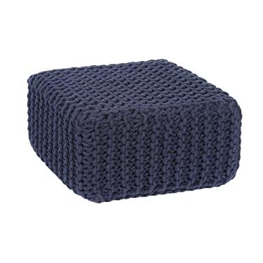 Imagem de REDEARTH Cubo Low Pufe banqueta para pés – Poof tricotado à mão, pufe Boho com cordão, cadeira decorativa para casa, apoio para os pés recheado para sala de estar, quarto, berçário, pátio coberto (40,64 cm x 40,64 cm x 20,32 cm; azul marinho)
